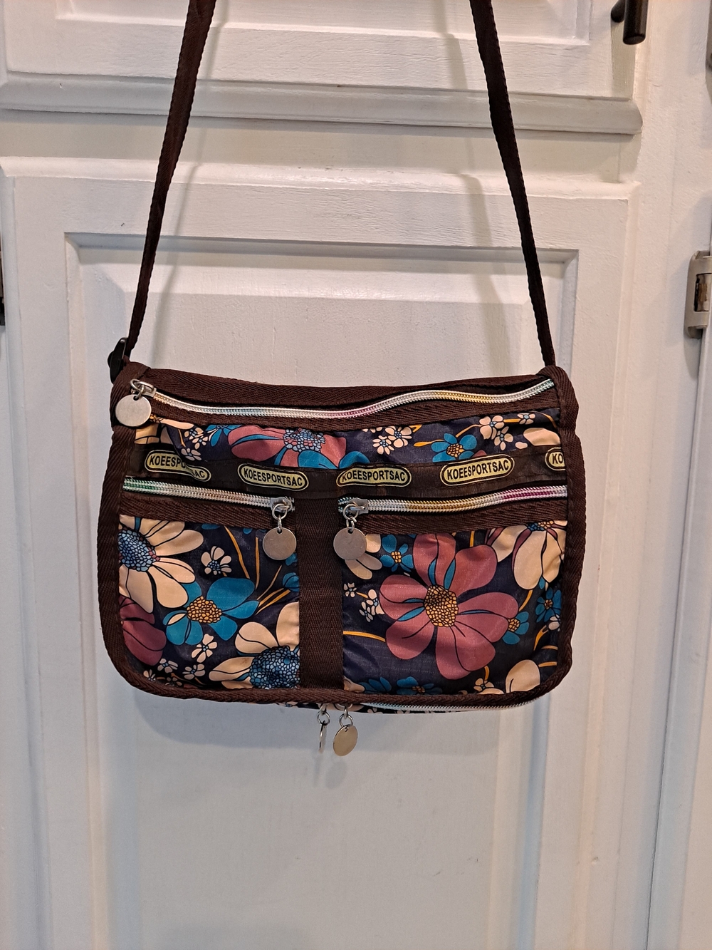 KoeeSportSAC Brown Blue Floral Nylon Deluxe Everyday Expandable Crossbody Bag
